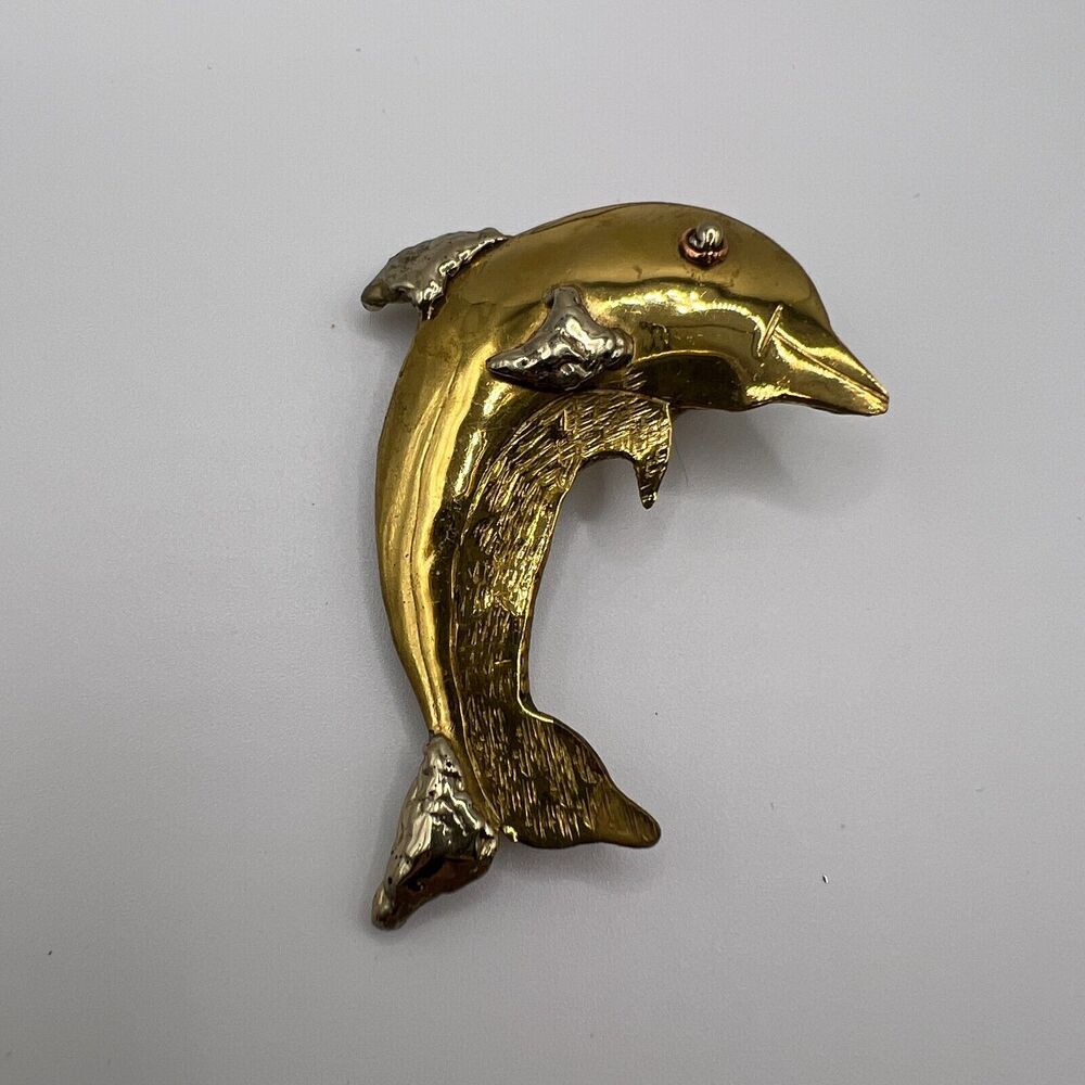 Gold and Copper artisan dolphin brooch‎ pin and pendant combo nautical coastal